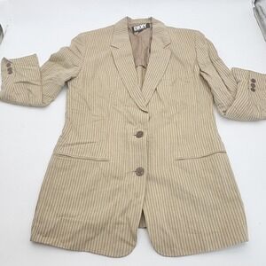 Vintage DKNY Blazer Jacket Womens 8 Beige Pinstripe Linen Longline Hong Kong